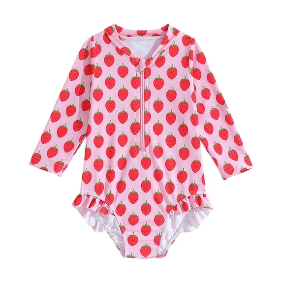Lullu Girls One-Piece Swimsuit Strawberry Zip Up Long Sleeve Rash Guard Bathing Suit, Sizes 18M-6Y