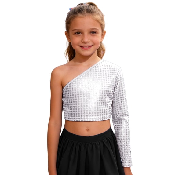 Lullu Girls One Shoulder Crop Top Shiny Solid Long Sleeve T-Shirt Dance Top, Sizes 2-18