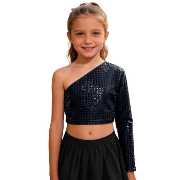 Lullu Girls One Shoulder Crop Top Shiny Solid Long Sleeve T-Shirt Dance Top, Sizes 2-18