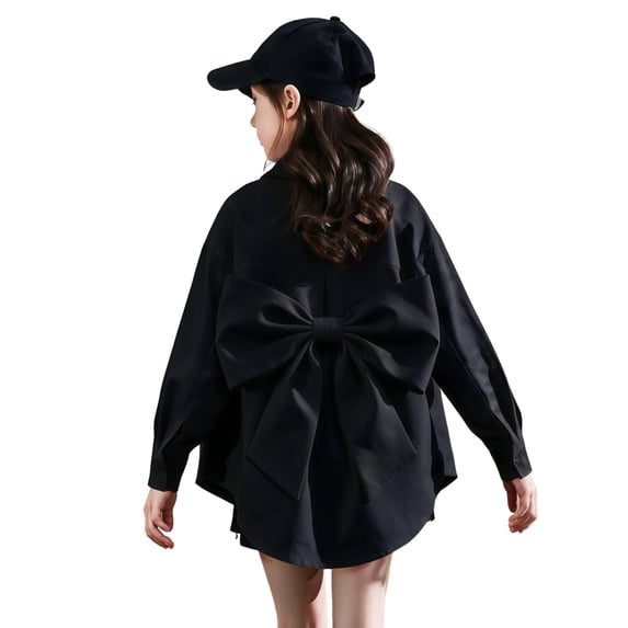 Lullu Girls Oversized Bow Back Shirt Long Sleeve Button Down Shirt, Black, Sizes 3-16