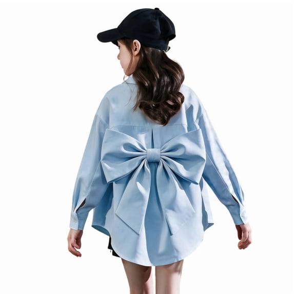 Lullu Girls Oversized Bow Back Shirt Long Sleeve Button Down Shirt, Sizes 3-16