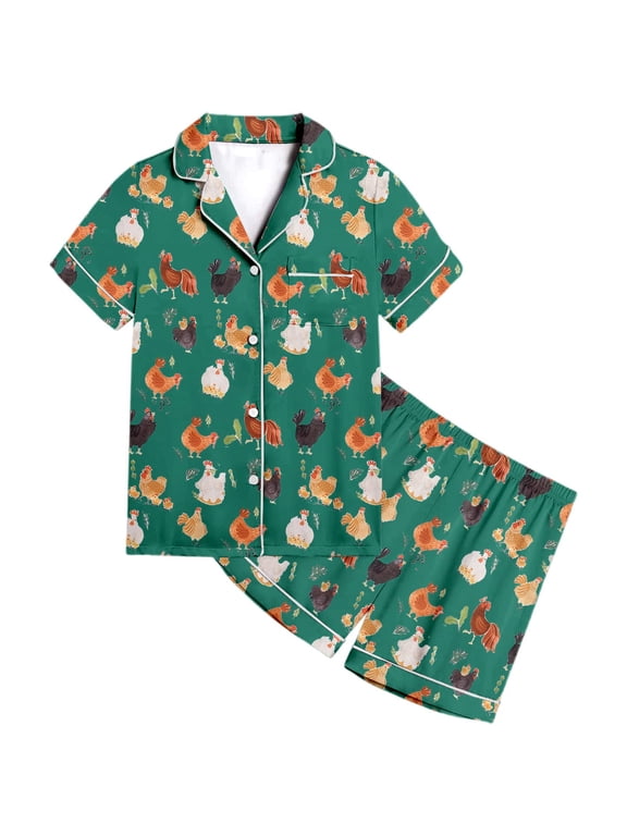 Girls Pajamas Chicken Pattern Short Sleeve Button Shirt Shorts Sleepwear, Sizes 2-13