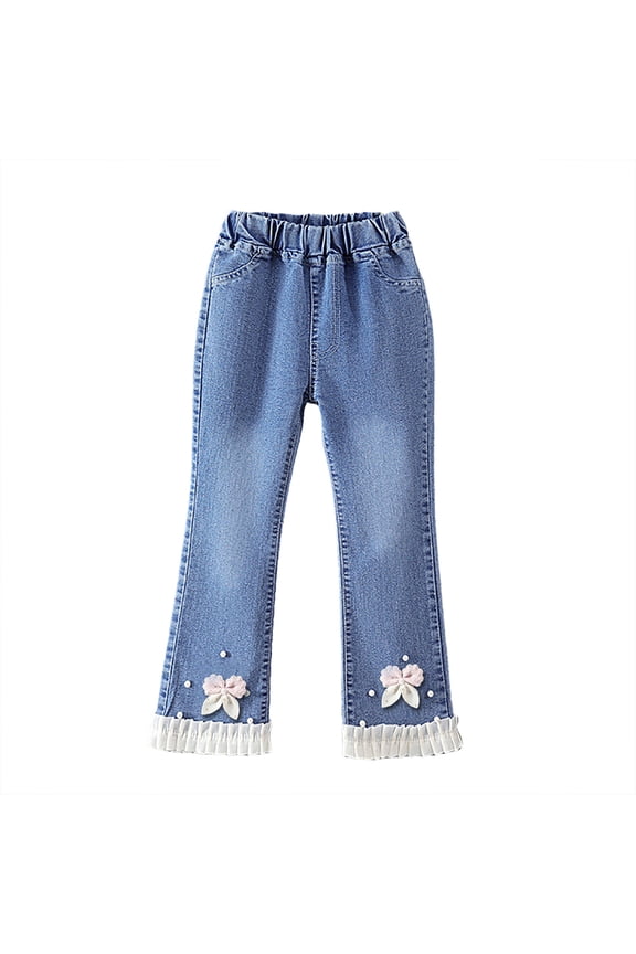 Girls Pearl Bow Flare Denim Jeans Casual Pull On Stretch Denim Pants, Sizes 2-12