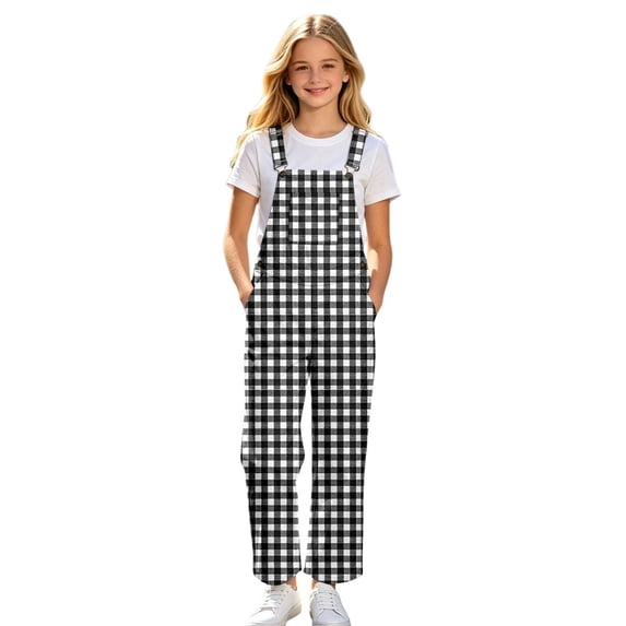 Lullu Girls Plaid Overalls Casual Bib Jumpsuit with Adjustable Straps, Black, Sizes 5-14