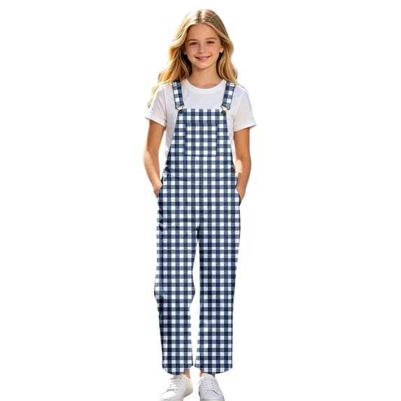Lullu Girls Plaid Overalls Casual Bib Jumpsuit with Adjustable Straps, Blue, Sizes 5-14