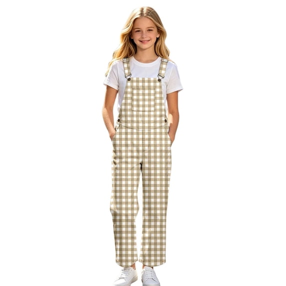 Lullu Girls Plaid Overalls Casual Bib Jumpsuit with Adjustable Straps, Khaki, Sizes 5-14