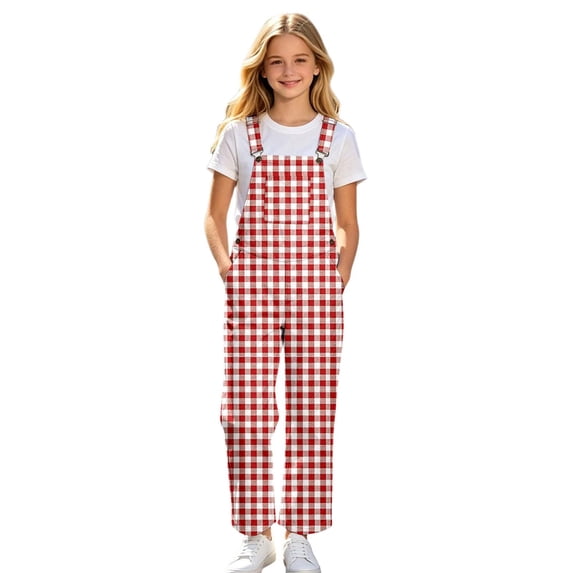 Lullu Girls Plaid Overalls Casual Bib Jumpsuit with Adjustable Straps, Red, Sizes 5-14