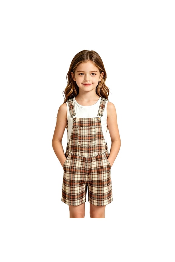 Girls Plaid Short Overalls Kids Cute Casual Gingham Romper with Pockets, Sizes 4-13
