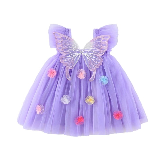 Lullu Girls Pom-Poms Tulle Tutu Dress Butterfly Wing Mesh Princess Dress, Sizes 12M-5T