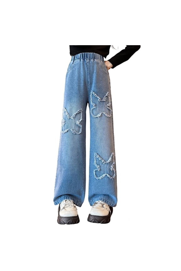 Girls Pull On Straight Denim Jeans Casual Stretch Jean Pants with Butterfly Patches