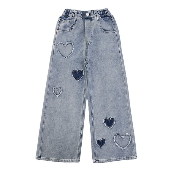 Lullu Girls Pull On Straight Jeans High Rise Denim Pants with Hearts Patches, Sizes 4-15