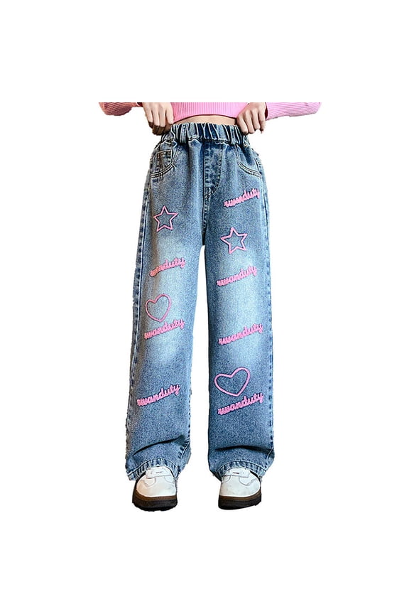 Girls' Pull On Straight Jeans Letter Embroidery Relaxed Fit Denim Pants, Sizes 5-14