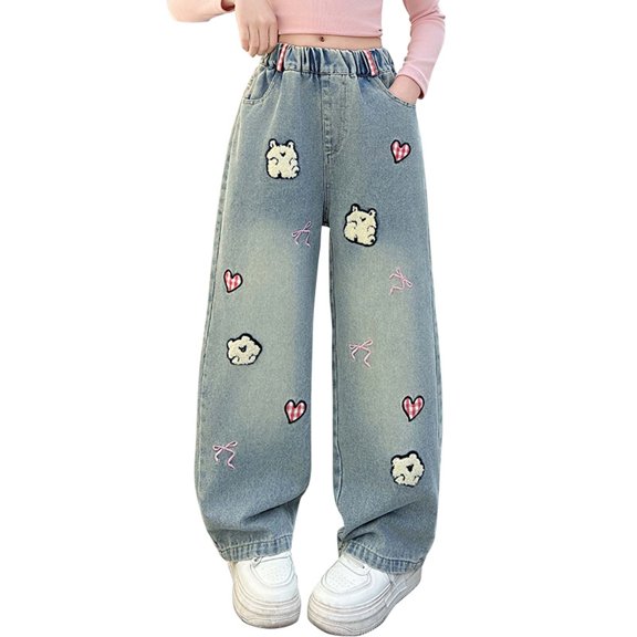 Lullu Girls Pull On Wide Leg Jeans Cute Animal Embroidery Straight Demin Pants, Sizes 4-15