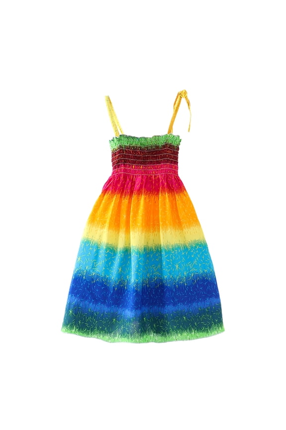 Girls Rainbow Tie-Shoulder Smocked Sundress Summer Sleeveless Dress, Sizes 2-9