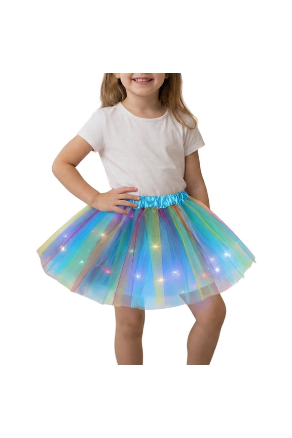 Girls Rainbow Tutu Skirt with Led Lights Party Dance Layered Tulle Skirt