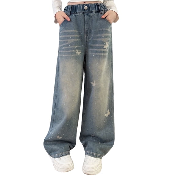Lullu Girls Rhinestone Butterfly Wide Leg Jeans Elastic Waist Denim Pants, Sizes 4-13