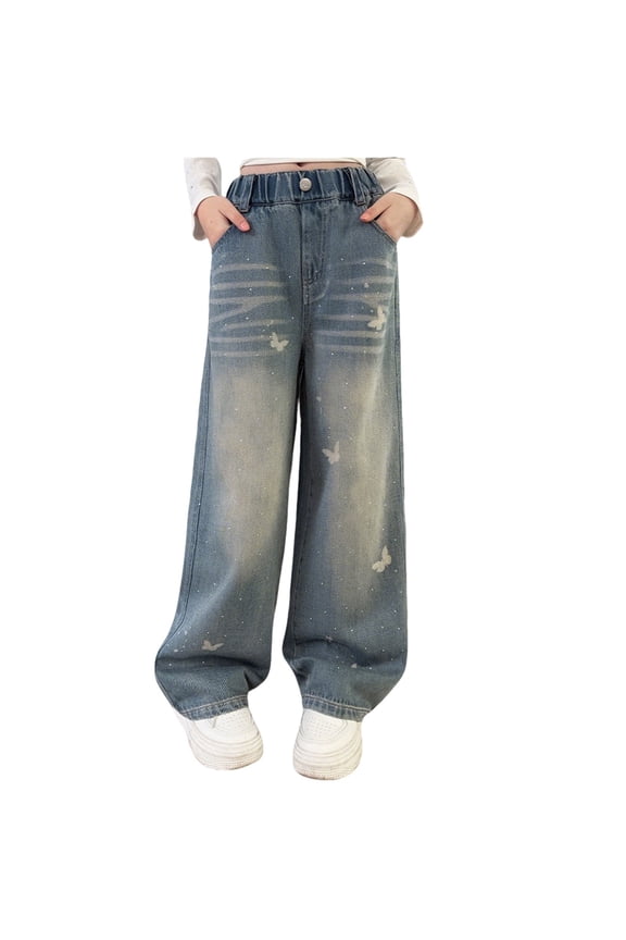 Girls Rhinestone Butterfly Wide Leg Jeans Elastic Waist Denim Pants, Sizes 4-13