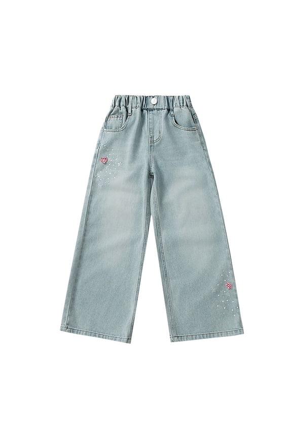 Girls Rhinestone Wide Leg Jeans Casual Elastic Waist Straight Denim Pants, Sizes 4-15