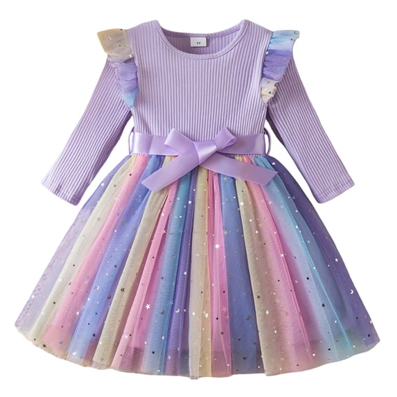 Lullu Girls Ruffle Long Sleeve Tutu Dress Glitter Rainbow Mesh Princess Dress, Sizes 6M-5T