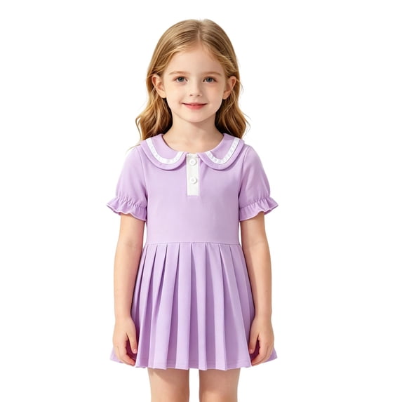 Lullu Girls Ruffle Puff Sleeve Pleated Dress Summer Casual A Line Polo Dress, Sizes 6M-4T