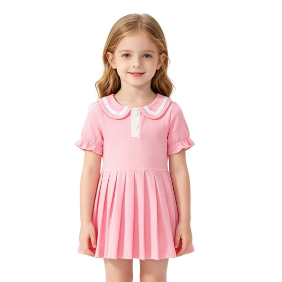 Lullu Girls Ruffle Puff Sleeve Pleated Dress Summer Casual A Line Polo Dress, Sizes 6M-4T