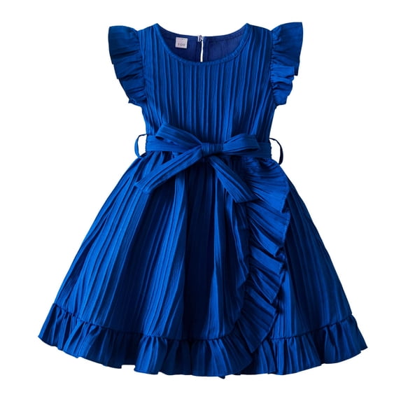 Lullu Girls Ruffle Sleeveless Pleated Dress Casual Solid A-Line Belted Dress, Sizes 2-7