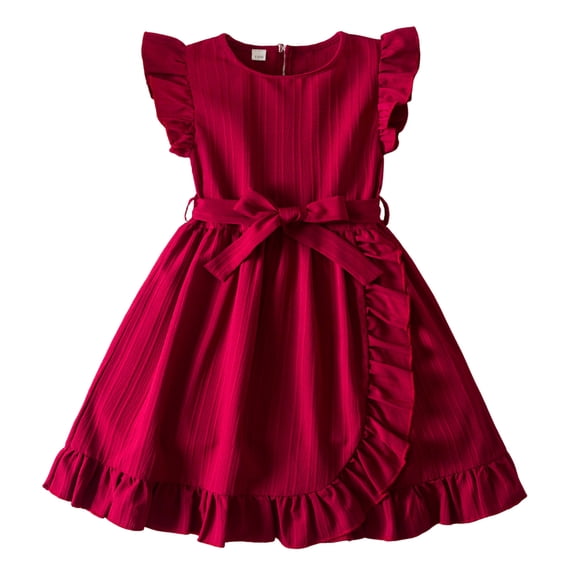 Lullu Girls Ruffle Sleeveless Pleated Dress Casual Solid A-Line Belted Dress, Sizes 2-7