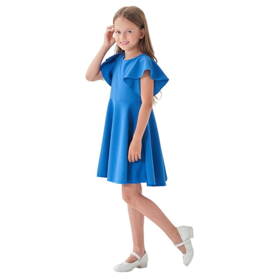 Lullu Girls Ruffle Sleeves A-Line Dress Summer Casual Solid Midi Swing Dress, Sizes 1-8