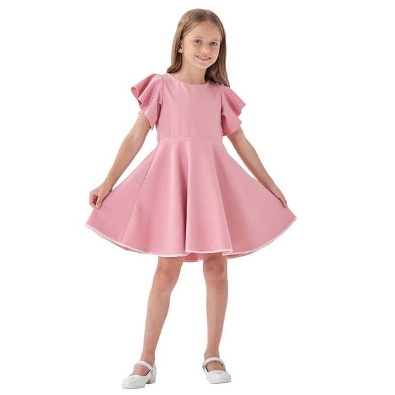 Lullu Girls Ruffle Sleeves A-Line Dress Summer Casual Solid Midi Swing Dress, Sizes 1-8