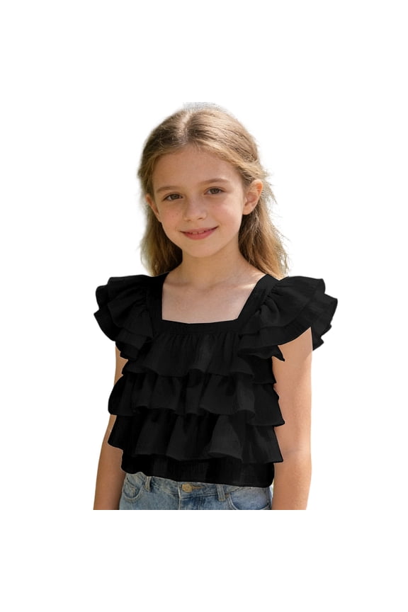 Girls Ruffle Square Neck Flutter Sleeve Blouse Summer Casual Shirt Top, Sizes 2-16