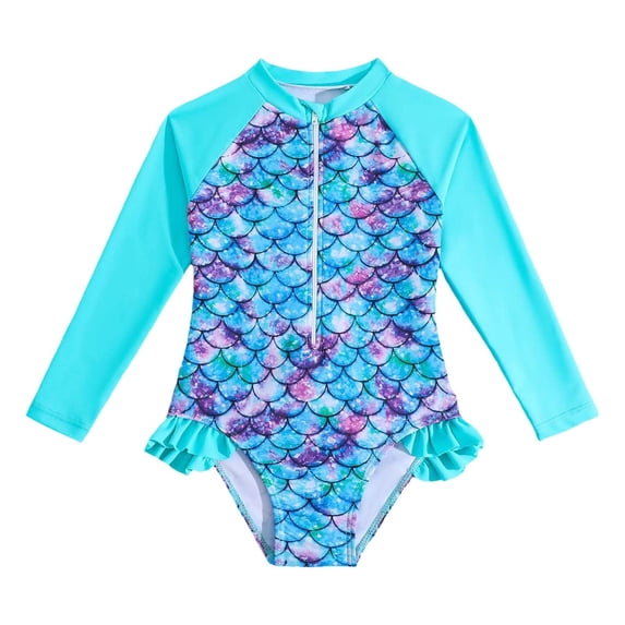 Lullu Girls Scale Print Long Sleeve Rashguard One-Piece Swimsuit with UPF 50+, Sizes 3-7