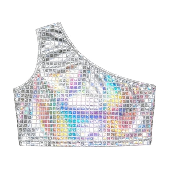 Lullu Girls Sequin Checkered One Shoulder Crop Top Dance Stage Performance Sleeveless Tops, White