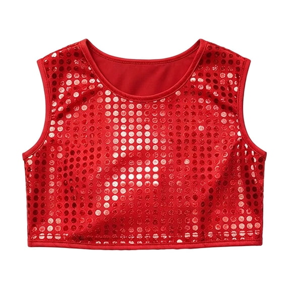 Lullu Girls Sequins Crop Top Shiny Stage Performance Dance Round Neck Tank Tops
