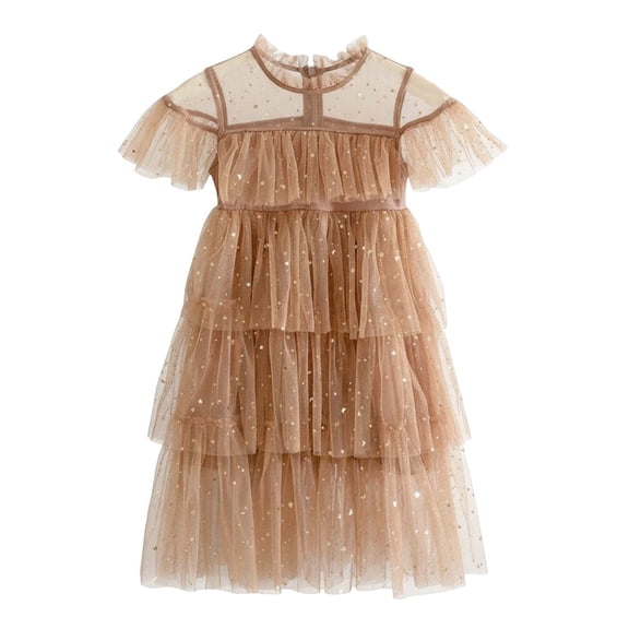 Lullu Girls Sequins Layered Tulle Dress Mesh Short Sleeve Birthday Tutu Dress, Sizes 1-9