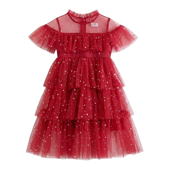 Lullu Girls Sequins Layered Tulle Dress Mesh Short Sleeve Birthday Tutu Dress, Sizes 1-9