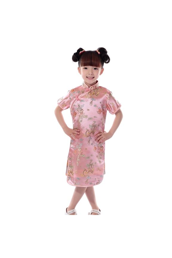 Girls Short Sleeve Cheongsam Floral Embroidery Chinese Vintage Dress, Sizes 1-10
