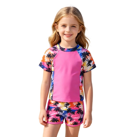 Lullu Girls Short Sleeve Rash Guard Shorts Swimsuit UPF 50+ Swim Set Bathing Suit