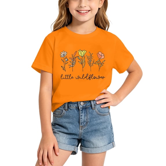 Lullu Girls Short Sleeve Round Neck T-Shirt Flower Graphic Tee Casual T Shirt Top, Orange