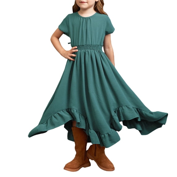 Lullu Girls Short Sleeve Ruffle Rockabilly Dress Solid Swing Flowy Long Dress, Sizes 5-13
