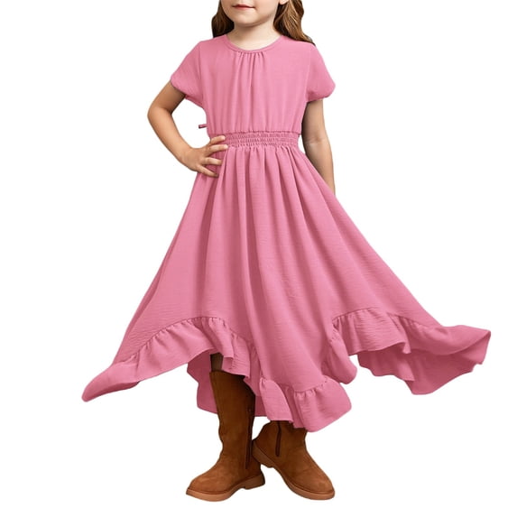 Lullu Girls Short Sleeve Ruffle Rockabilly Dress Solid Swing Flowy Long Dress, Sizes 5-13