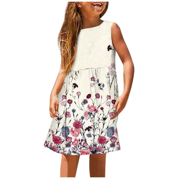 Lullu Girls Sleeveless Floral Dress Casual Sundress Summer Play Tank Dress, Sizes 3-14