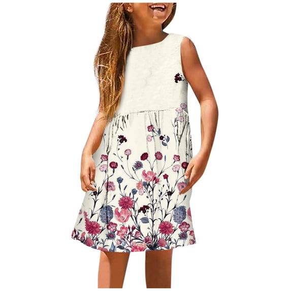 Lullu Girls Sleeveless Floral Dress Casual Sundress Summer Play Tank Dress, Sizes 3-14