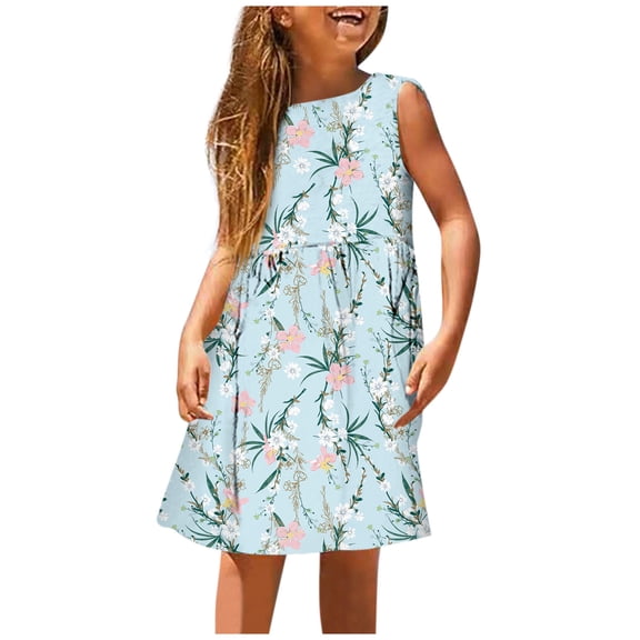 Lullu Girls Sleeveless Floral Dress Casual Sundress Summer Play Tank Dress, Sizes 3-14