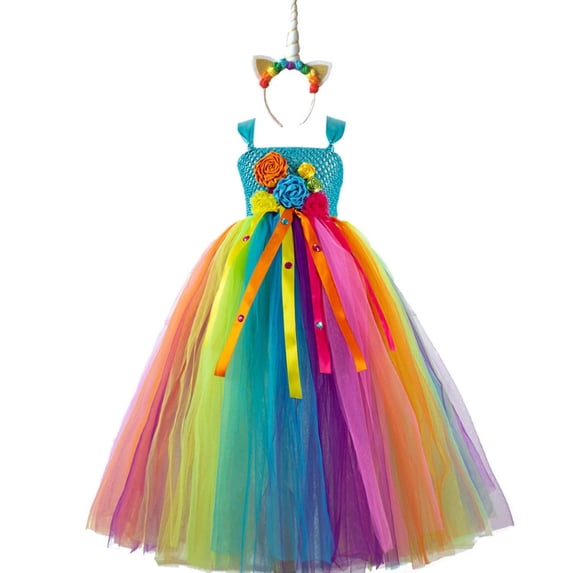 Lullu Girls Sleeveless Flower Rainbow Tulle Dress Birthday Party Maxi Dress Pageant Gown
