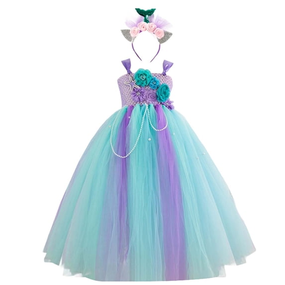 Lullu Girls Sleeveless Flower Rainbow Tulle Dress Birthday Party Maxi Dress Pageant Gown