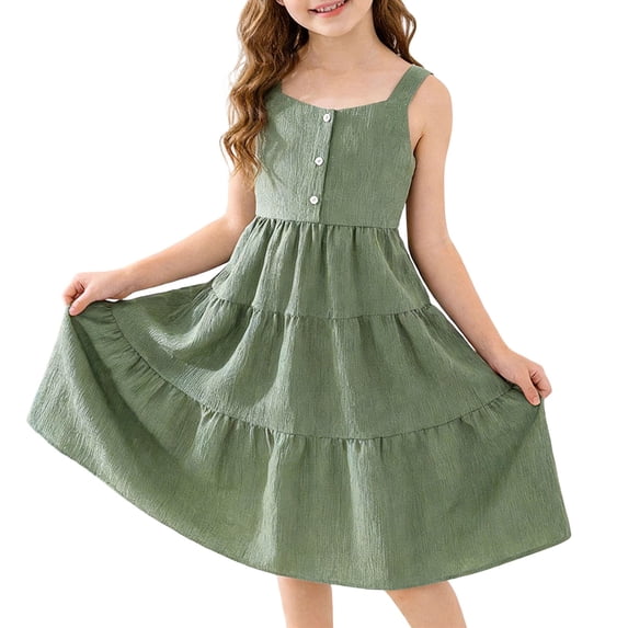 Lullu Girls Sleeveless Strap Dress A Line Tiered Swing Dress Summer Sundress, Sizes 8-12