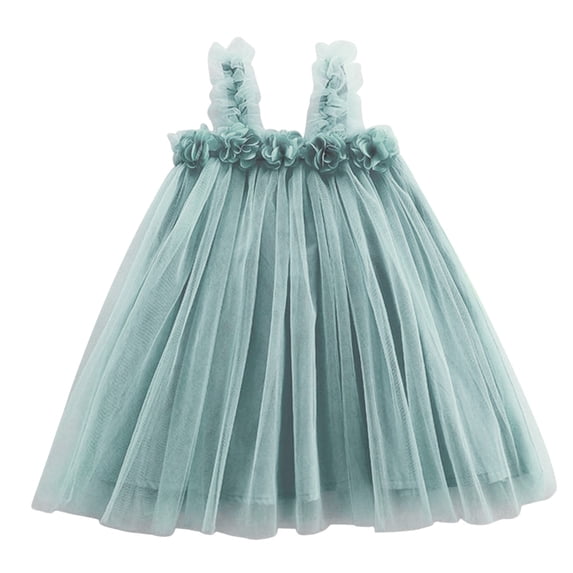 Lullu Girls Sleeveless Strap Tulle Dress Flowers Solid Tutu Dress Summer Princess Dresses