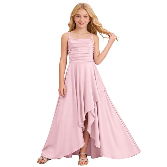 Lullu Girls Sleeveless Strappy Ruched Maxi Dress Irregular Pageant Party Dress, Sizes 6-14