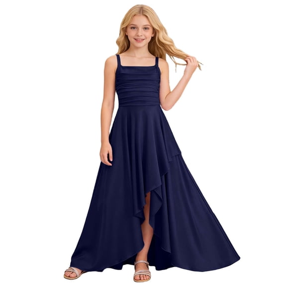 Lullu Girls Sleeveless Strappy Ruched Maxi Dress Irregular Pageant Party Dress, Sizes 6-14