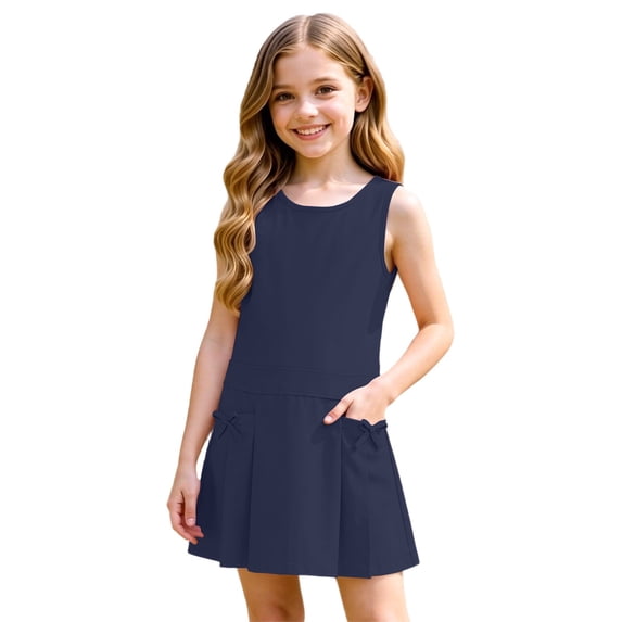 Lullu Girls Sleeveless Uniform Jumper Dress School Pinafore Dress with Pockets, Blue, Sizes 3-12